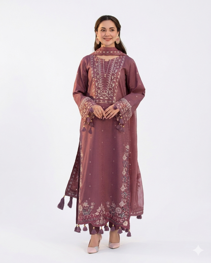 ALLYS Premium Embroidered Luxury Lawn 3-Piece Suit (AK-3334) - Plum