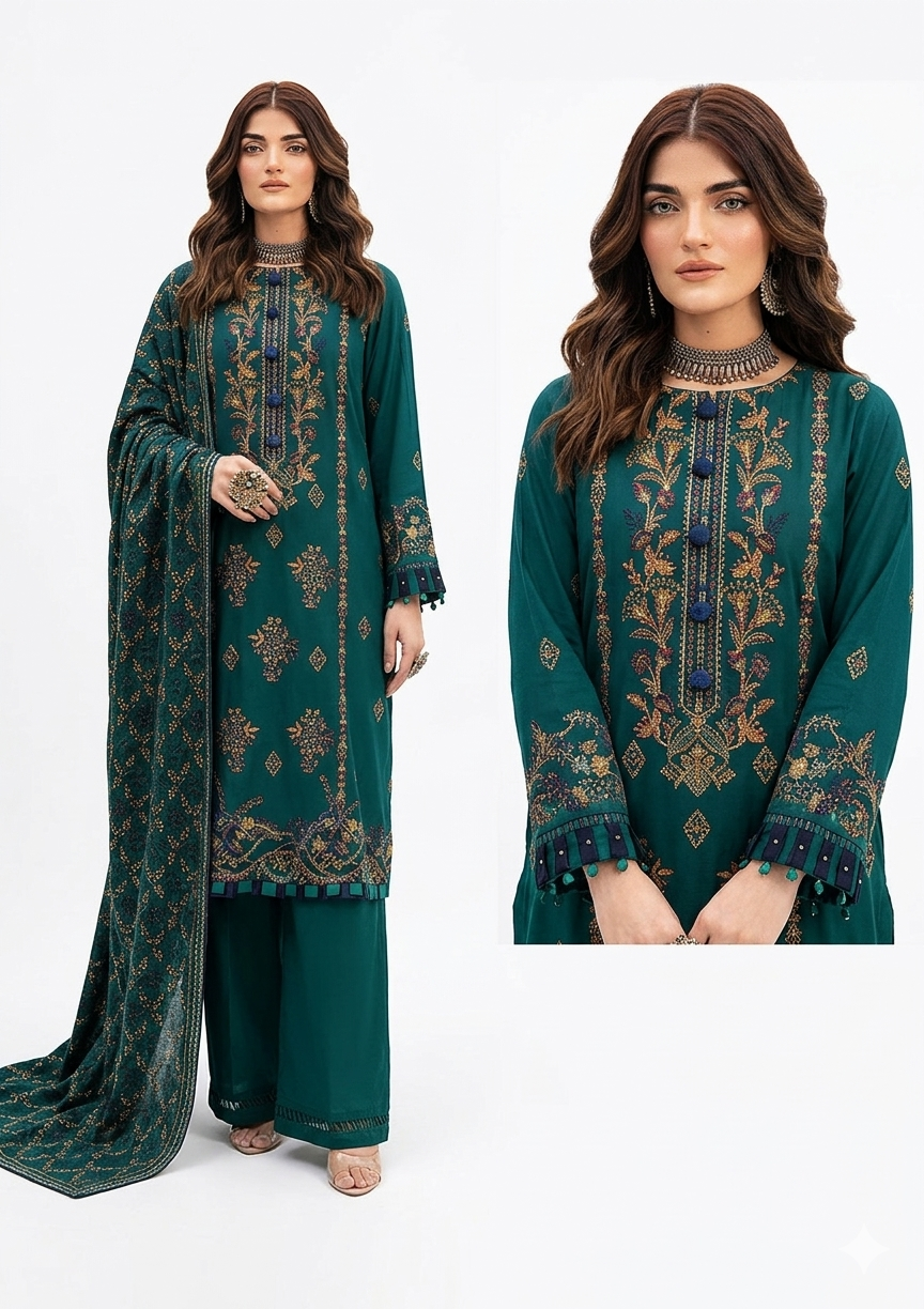 Ramsha Premium Embroidered Luxury Lawn – Deep Teal Forest