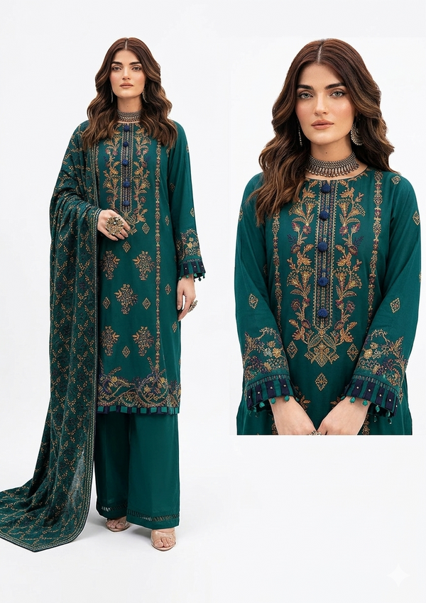 Ramsha Premium Embroidered Luxury Lawn – Deep Teal Forest