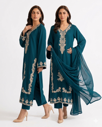 MIRANA Premium Embroidered Luxury Lawn 3-Piece Suit (AK-3415) – Teal Blue