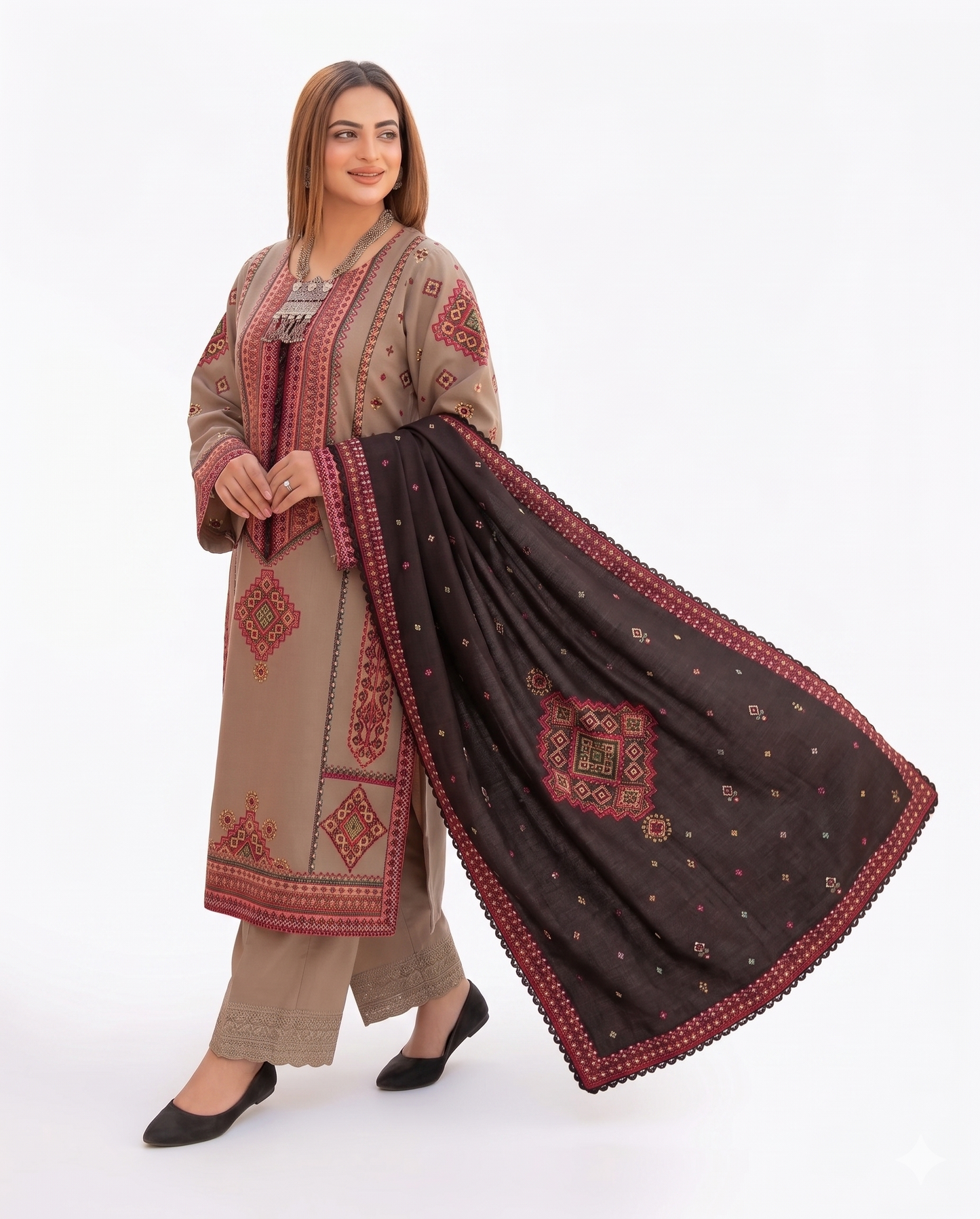 Desert Beige Premium Embroidered 3 Piece Lawn Suit with Charcoal Dupatta