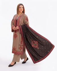 Desert Beige Premium Embroidered 3 Piece Lawn Suit with Charcoal Dupatta