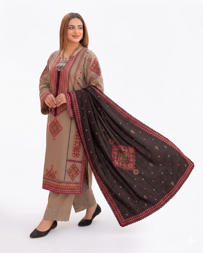 Desert Beige Premium Embroidered 3 Piece Lawn Suit with Charcoal Dupatta
