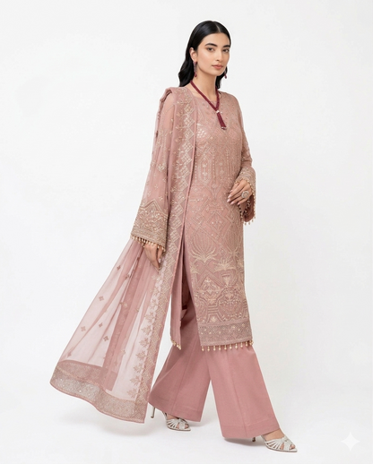Flossie Premium Luxury Embroidered Lawn – Tea Rose Elegance