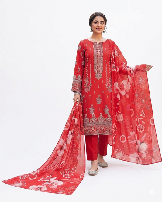 Zayan Collection – Lawn Bana Dora in Vibrant Crimson