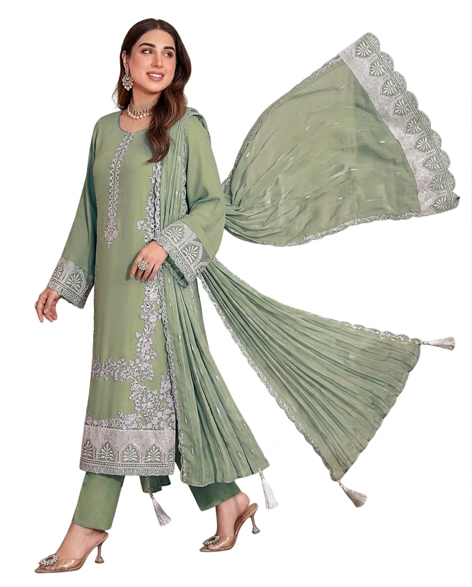 Title: Sage Green Premium Embroidered Luxury Lawn 3-Piece Suit – AK-3371