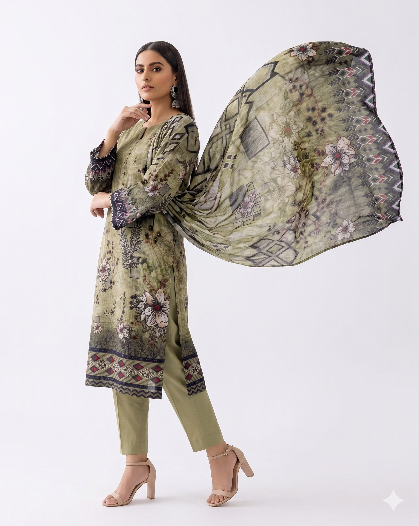 Zayan Collection: Digital Lawn "Bana Dora" in Sage Olive