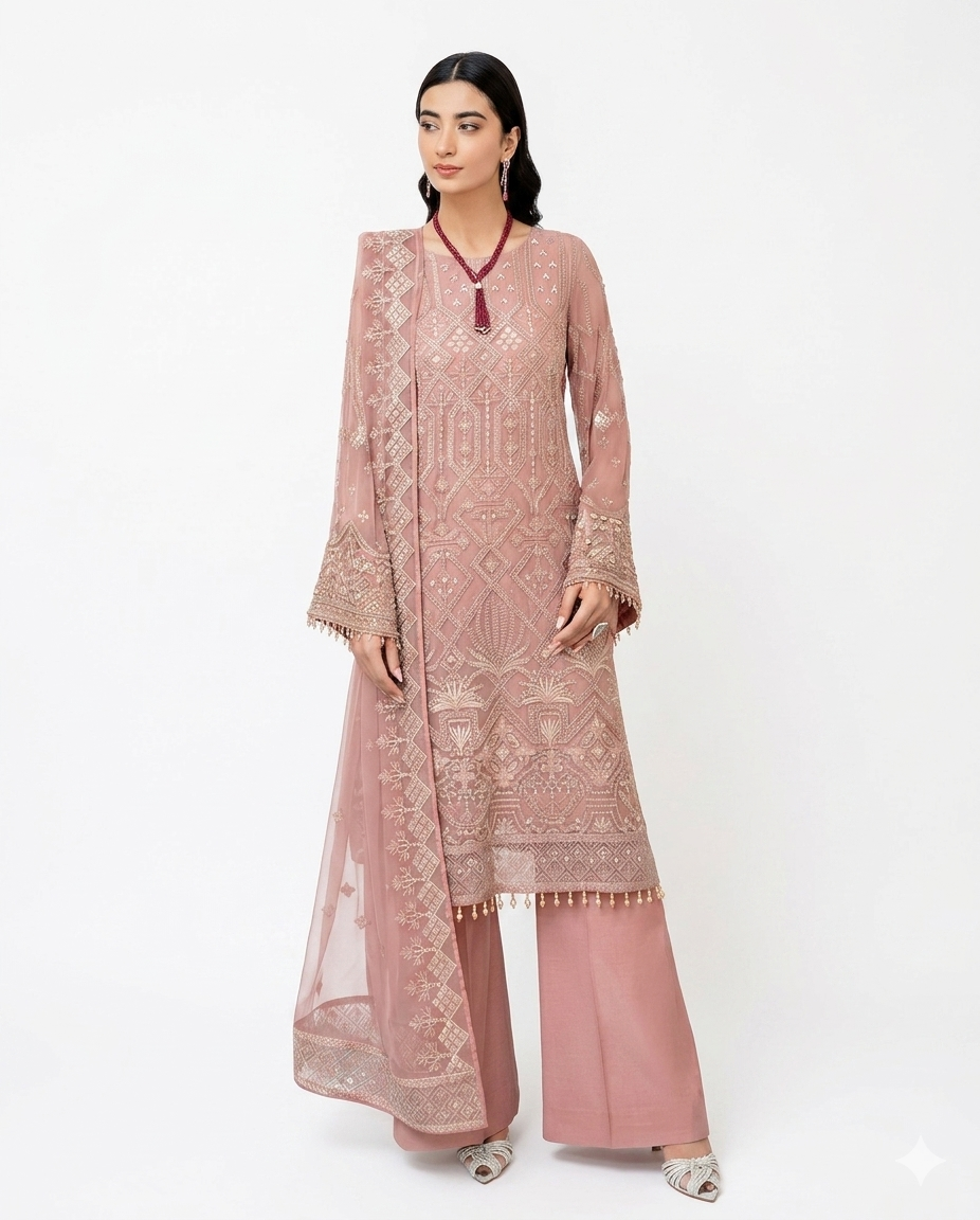 Flossie Premium Luxury Embroidered Lawn – Tea Rose Elegance