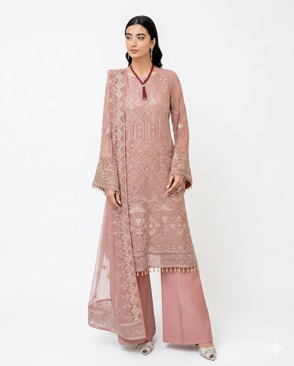 Flossie Premium Luxury Embroidered Lawn – Tea Rose Elegance