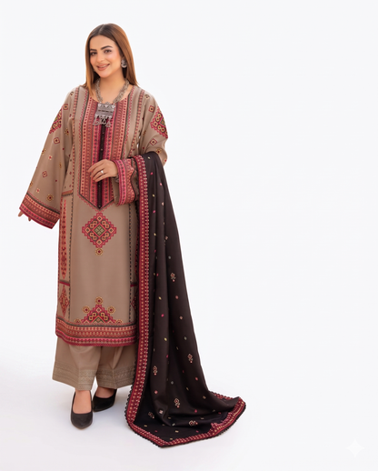 Desert Beige Premium Embroidered 3 Piece Lawn Suit with Charcoal Dupatta