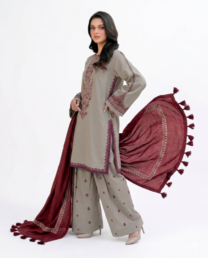 Taupe & Maroon Premium Embroidered 3 Piece Lawn Suit