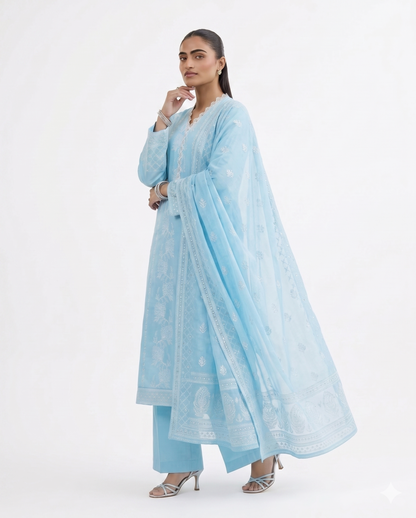 Aura Premium Embroidered 3-Piece Luxury Lawn Suit – Sky Blue Serenity
