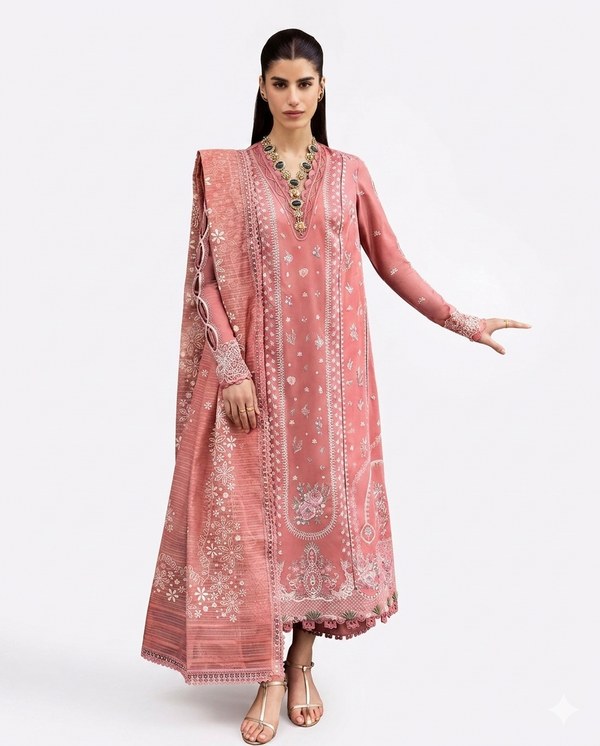 Qalamkar Moya Premium Embroidered Luxury Lawn – Terracotta Rose