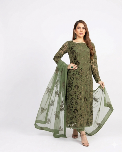 Bareeze Premium Luxury Embroidered Lawn – Olive Green Elegance