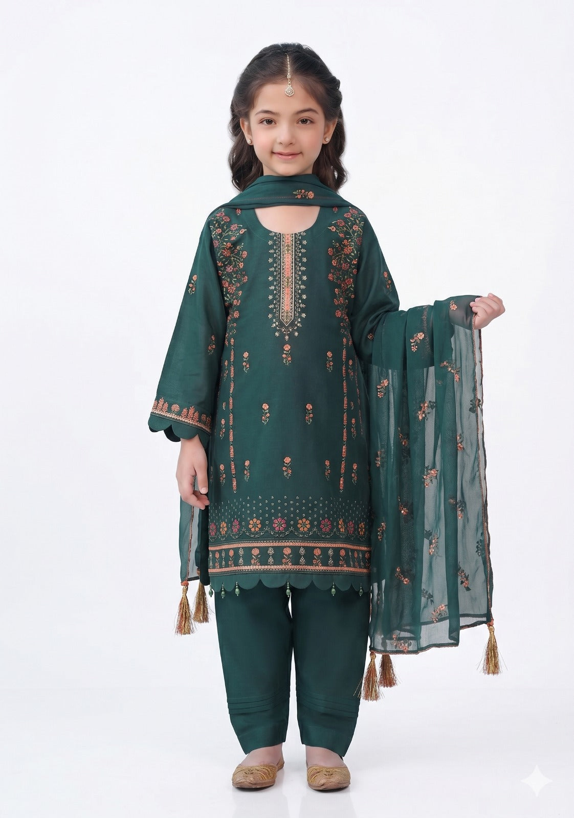 Title: Emerald Green Kids Embroidered Luxury Lawn 2-Piece Shirt & Trouser Set – AK-2234