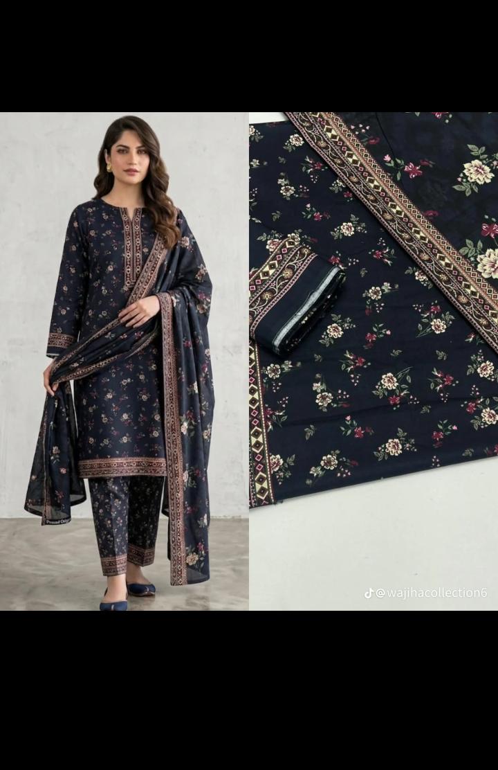 Bin Saeed 3 Piece Lawn Suit – Navy Blue Floral Printed Collection