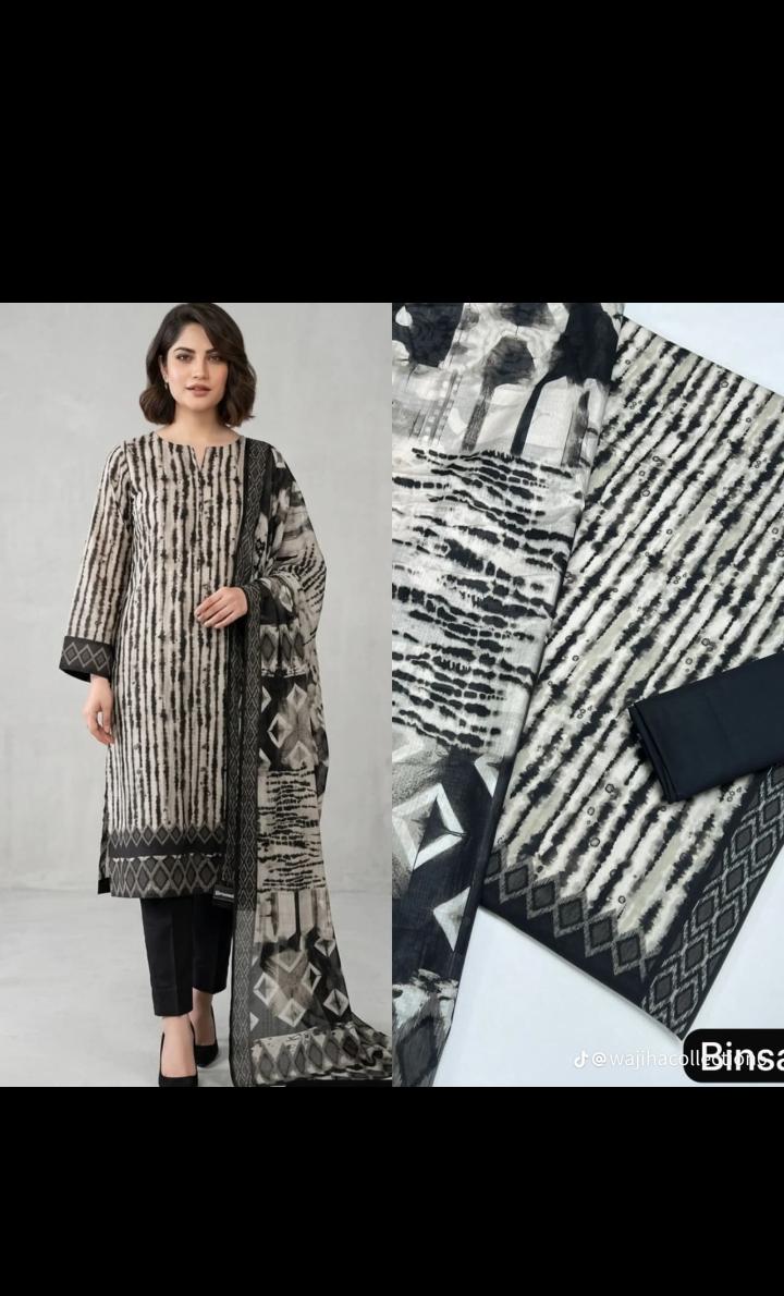 Bin Saeed 3 Piece Lawn Suit – Black & Ivory Abstract Printed Collection
