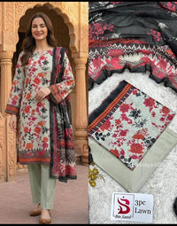 Bin Saeed Floral 3 Piece Lawn Suit in Soft Ivory