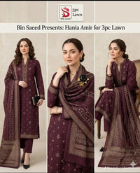 Bin Saeed Maroon Luxury 3 Piece Lawn Suit