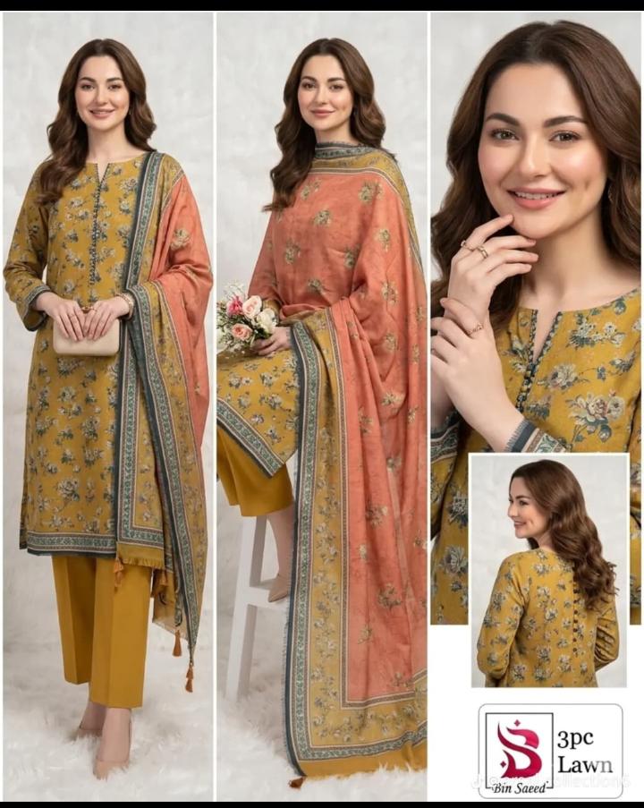 Elegant Mustard & Peach 3 Piece Lawn Suit by Bin Saeed