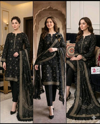Bin Saeed 3 Piece Lawn Suit – Classic Black Embroidered Floral Collection
