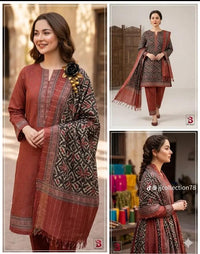 Bin Saeed 3 Piece Lawn Suit – Rust Brown Ethnic Printed Collection