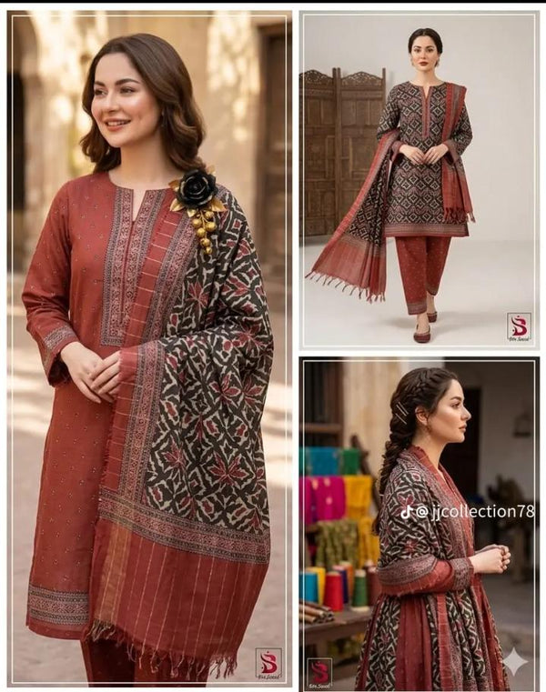 Bin Saeed 3 Piece Lawn Suit – Rust Brown Ethnic Printed Collection