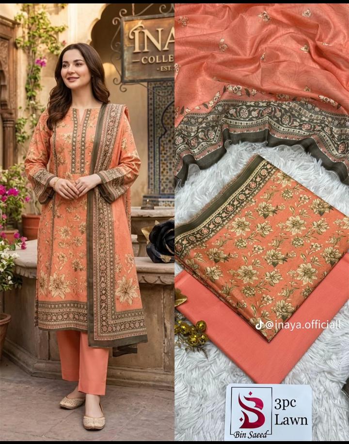 Bin Saeed 3 Piece Lawn Suit – Peach Floral Printed Collection