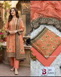 Bin Saeed 3 Piece Lawn Suit – Peach Floral Printed Collection