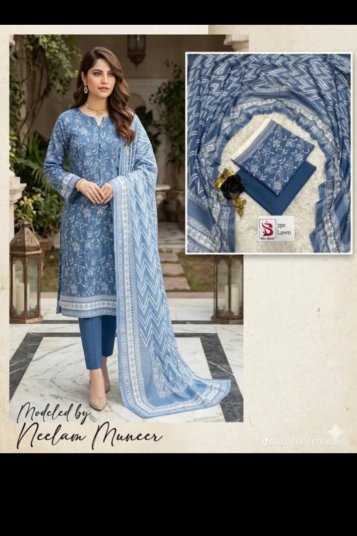Bin Saeed 3 Piece Lawn Suit – Elegant Sky Blue Printed Collection