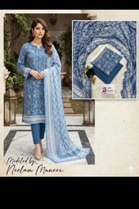 Bin Saeed 3 Piece Lawn Suit – Elegant Sky Blue Printed Collection
