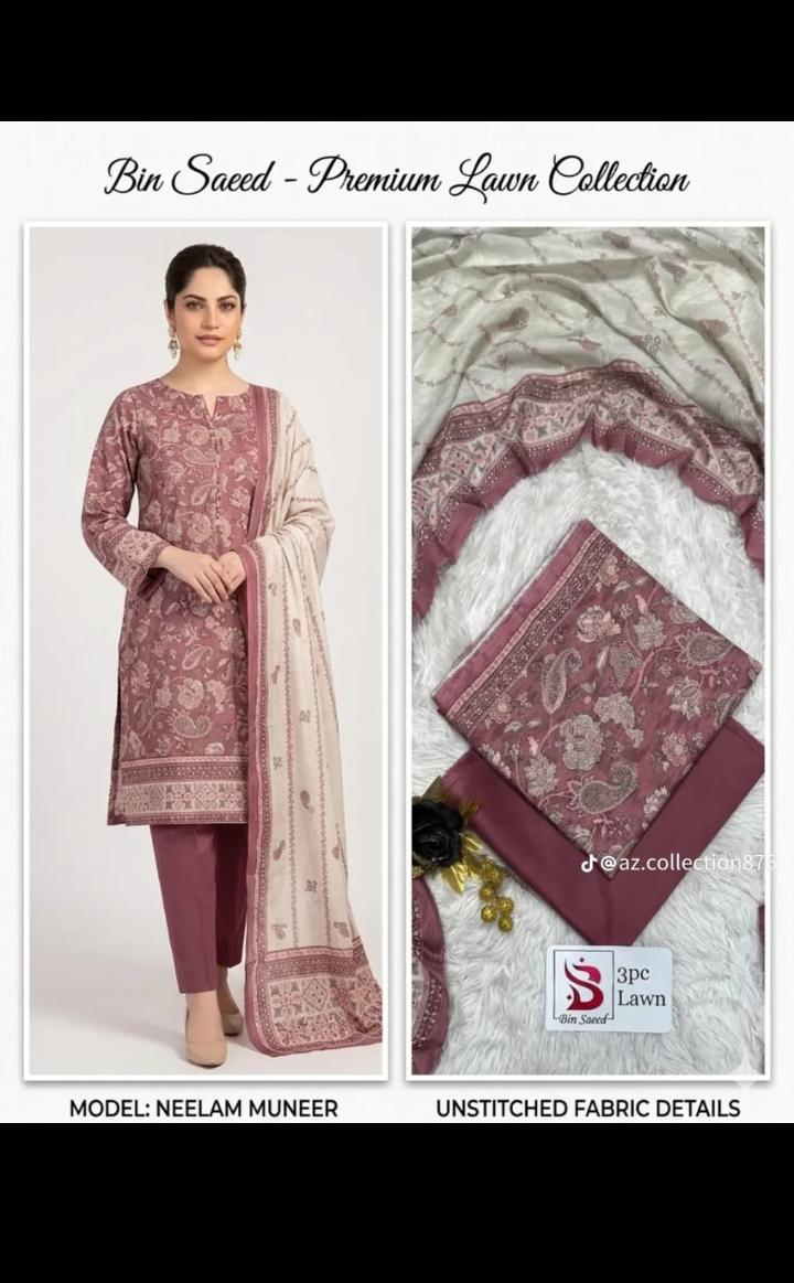 Bin Saeed Premium Lawn Collection 3 Piece Unstitched Suit | Elegant Mauve Floral Design
