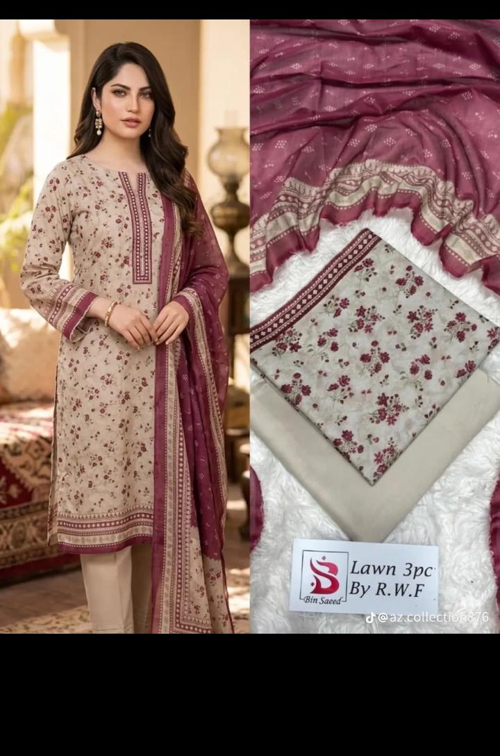 Bin Saeed Lawn 3 Piece Unstitched Suit | Floral Beige & Plum Summer Collection