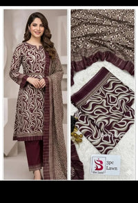 Bin Saeed 3 Piece Lawn Suit | Maroon & Beige Abstract Print Collection