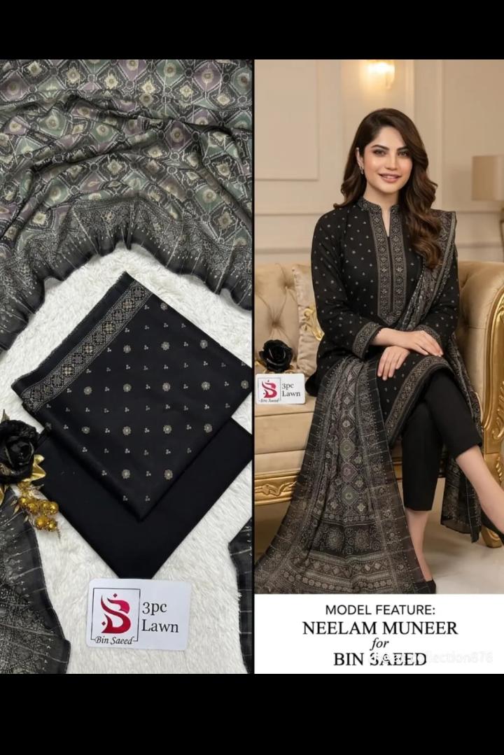Bin Saeed 3 Piece Lawn Suit | Classic Black Printed Summer Collection