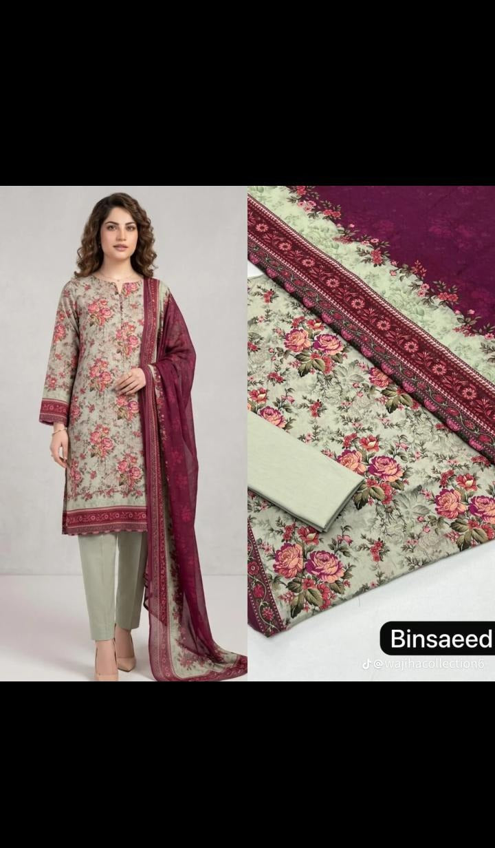 Bin Saeed 3 Piece Lawn Suit | Vintage Floral Elegance in Sage & Berry Tones