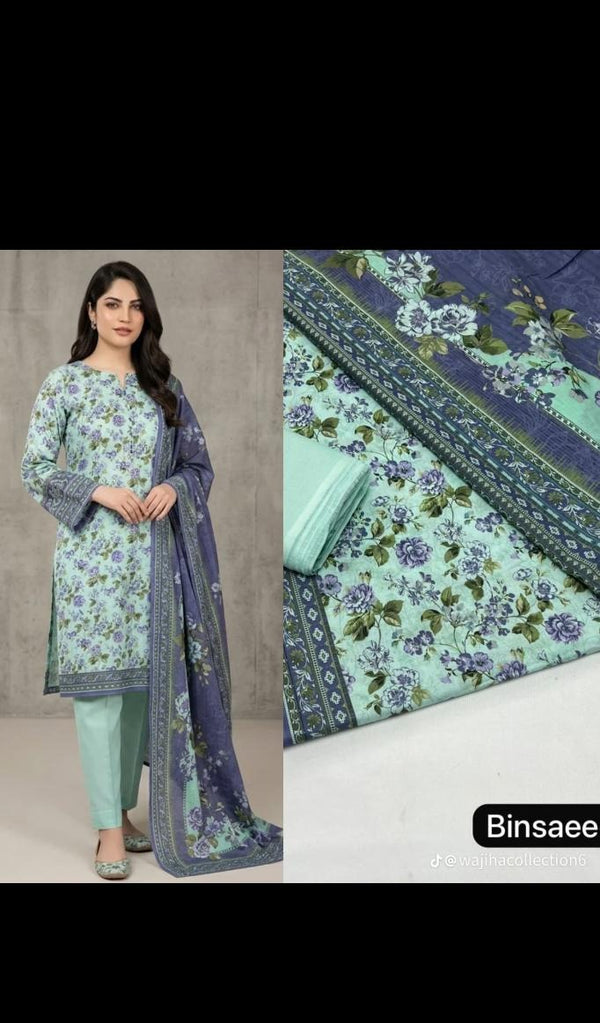 Bin Saeed 3 Piece Lawn Suit | Mint Green & Lavender Floral Summer Collection