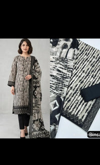 Bin Saeed 3 Piece Lawn Suit – Black & Ivory Abstract Printed Collection