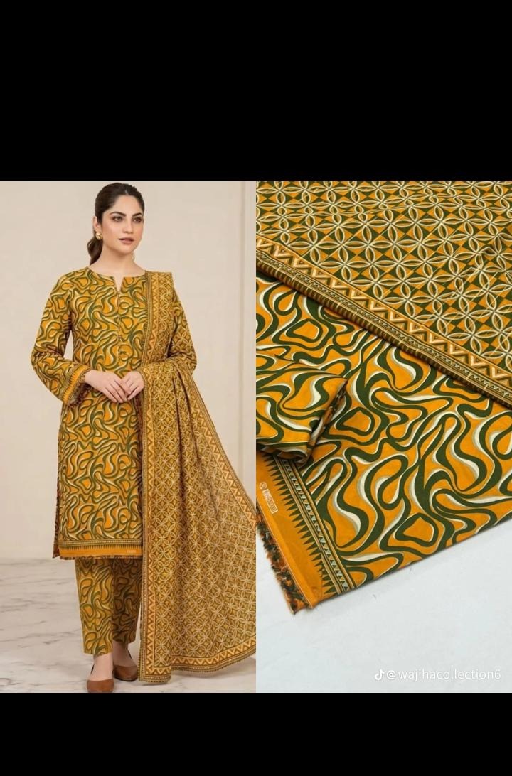 Bin Saeed 3 Piece Lawn Suit – Mustard & Olive Geometric Printed Collection