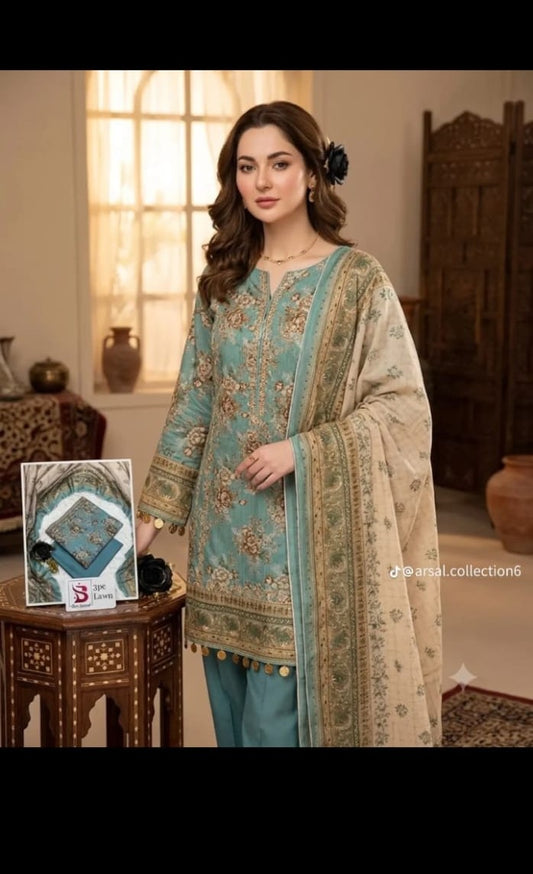 Aqua Pearl Printed Lawn Suit