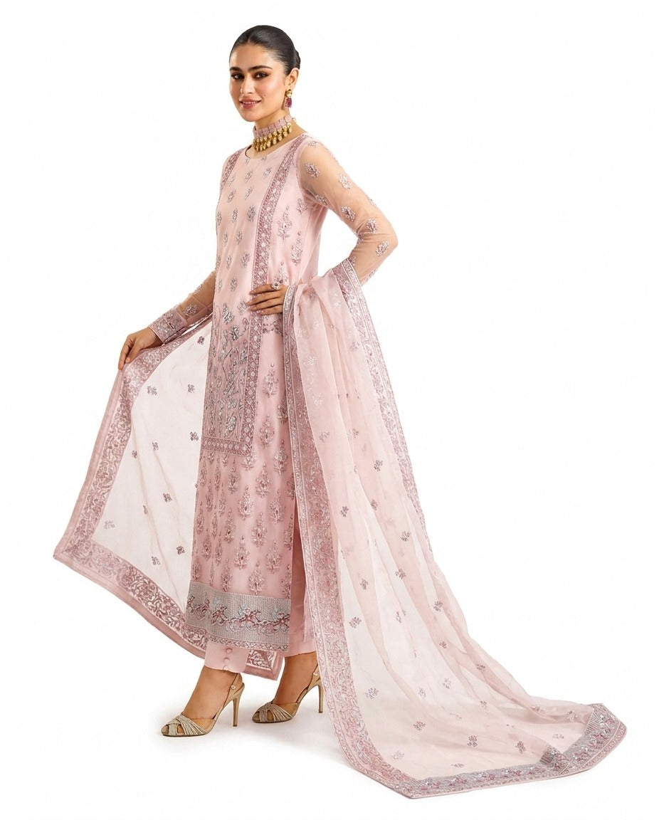 Blush Pink Embroidered 3-Piece Luxury Lawn Suit with Organza Dupatta