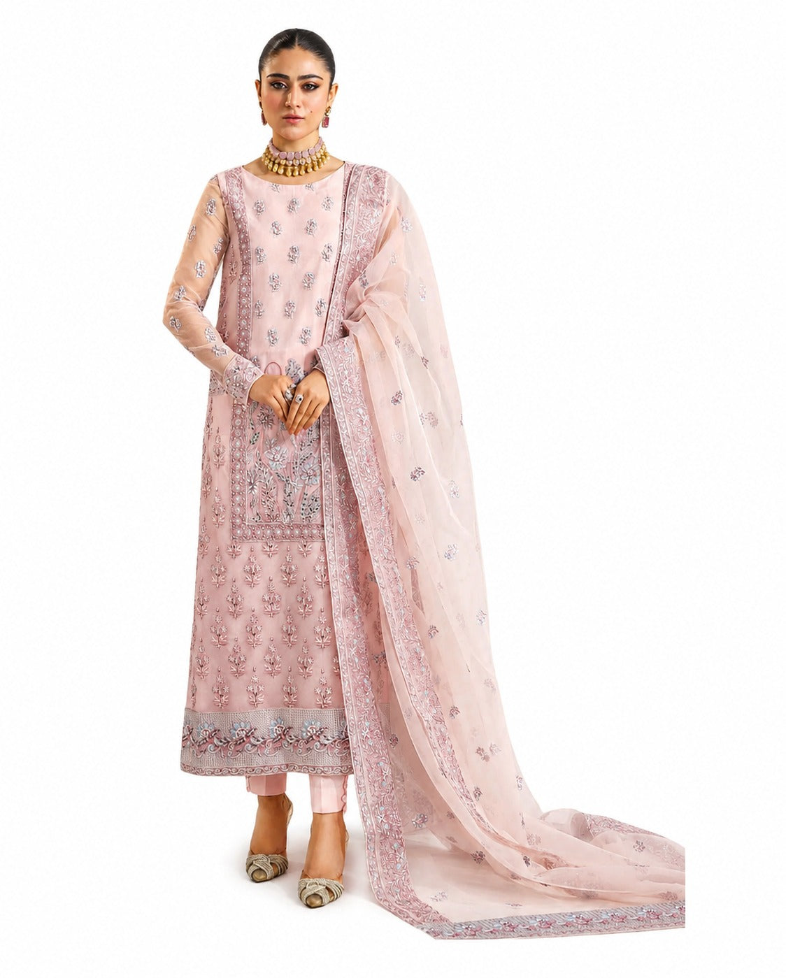 Blush Pink Embroidered 3-Piece Luxury Lawn Suit with Organza Dupatta