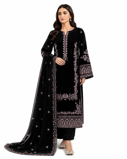 Elegant Black Embroidered 3-Piece Lawn Suit with Contrast Pink Threadwork