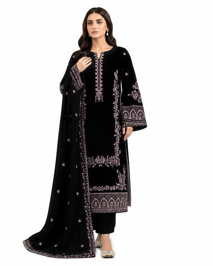 Elegant Black Embroidered 3-Piece Lawn Suit with Contrast Pink Threadwork