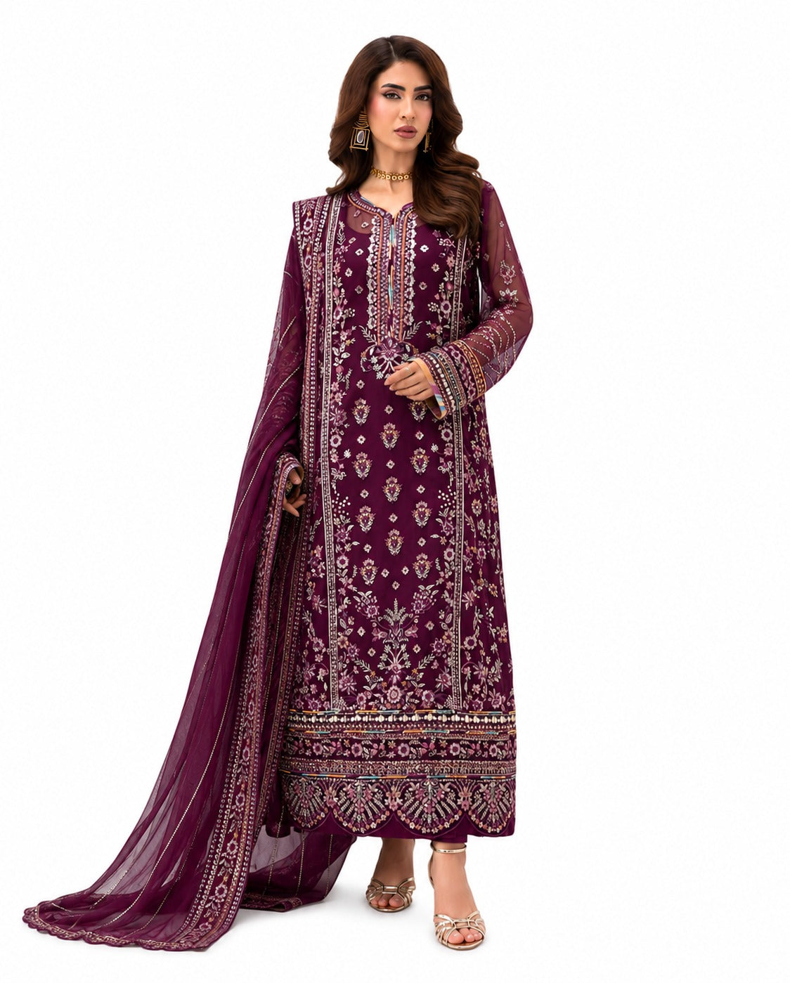 Luxury Plum Purple Embroidered 3-Piece Formal Suit with Organza Dupatta
