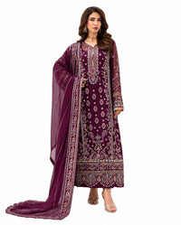 Luxury Plum Purple Embroidered 3-Piece Formal Suit with Organza Dupatta