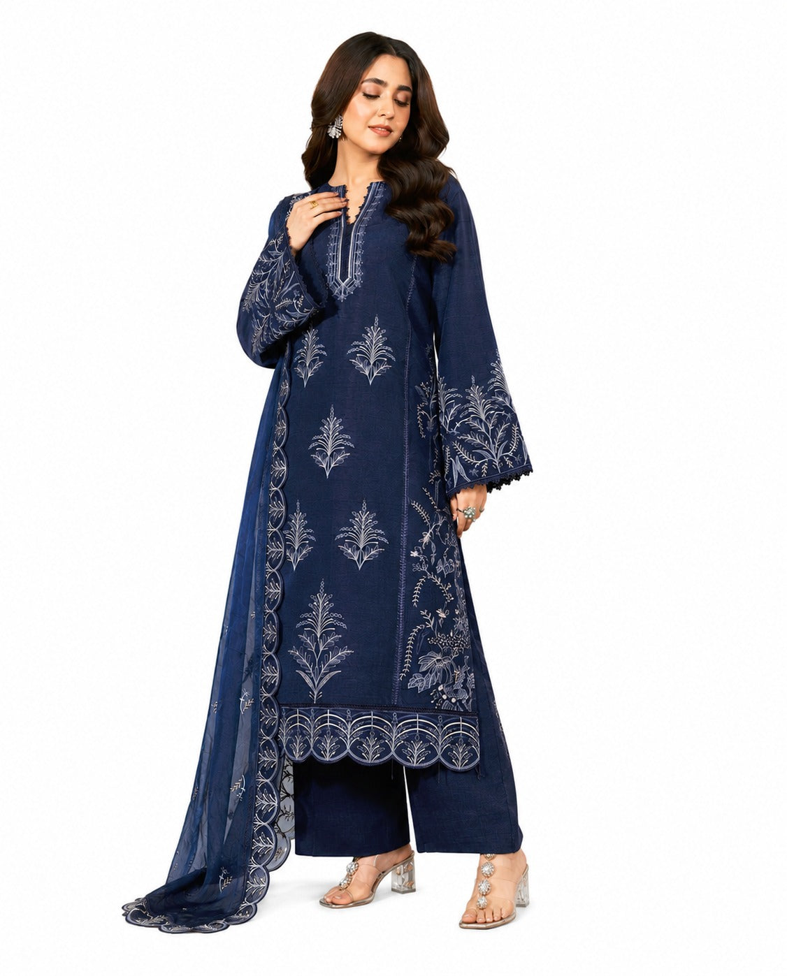 Elegant Navy Blue Embroidered 3-Piece Traditional Suit with Chiffon Dupatta