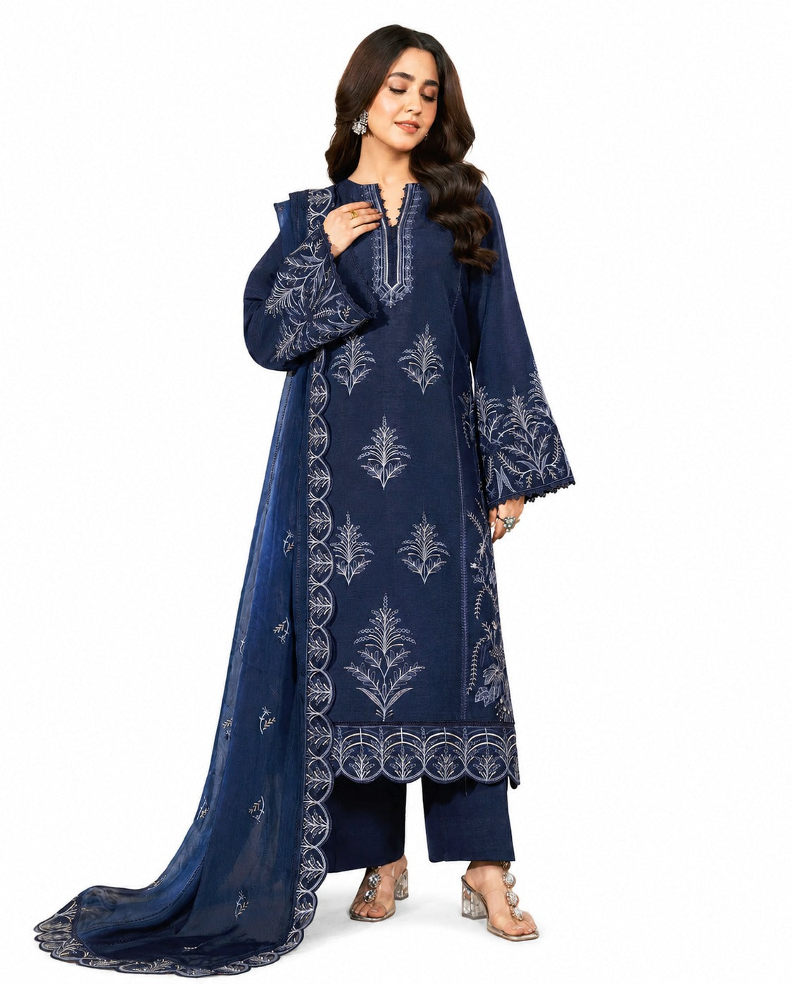 Elegant Navy Blue Embroidered 3-Piece Traditional Suit with Chiffon Dupatta
