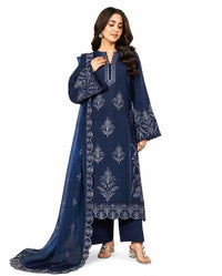 Elegant Navy Blue Embroidered 3-Piece Traditional Suit with Chiffon Dupatta