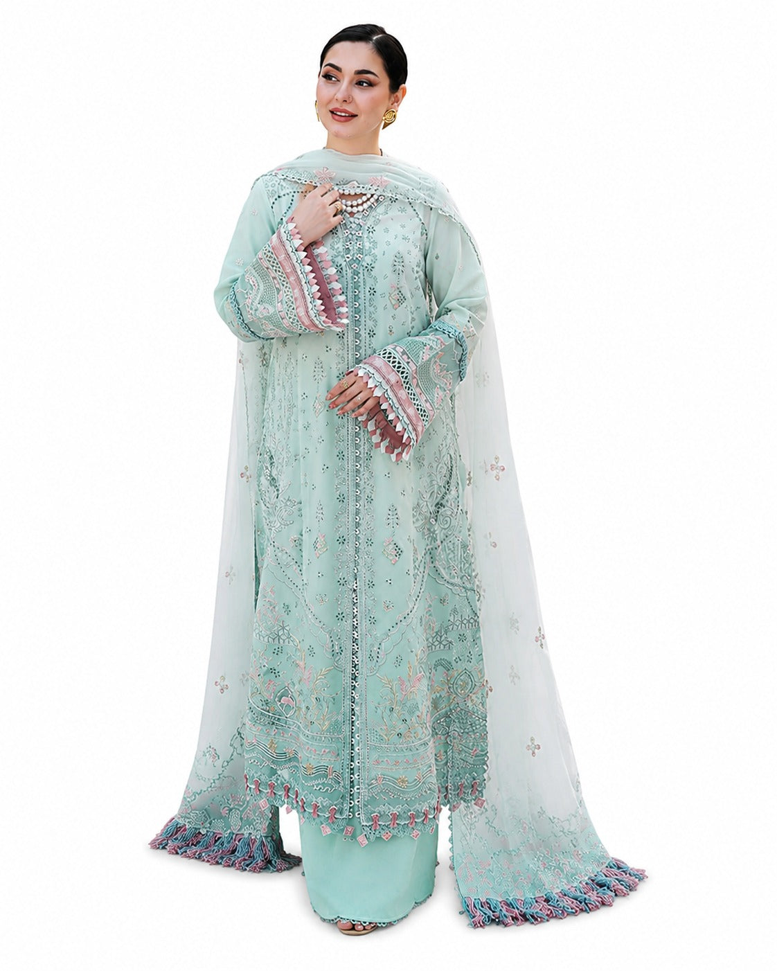 Luxury Mint Green Embroidered 3-Piece Formal Suit with Embellished Dupatta